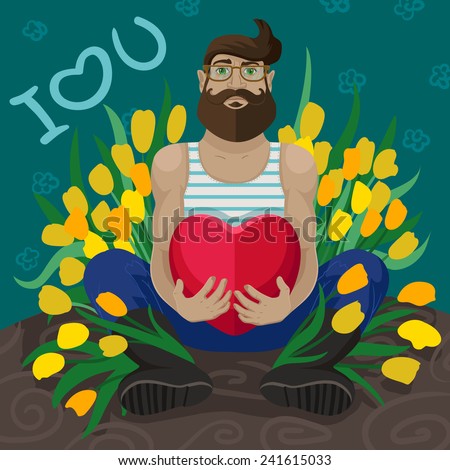Trendy cartoon hipster man with  beard and flower tulips