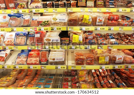 Toronto, Canada - December 18, 2013: Processed Meat Products In A Grocery Store.North America Is One Of The Leading Consumers Of Processed Meats In The World.