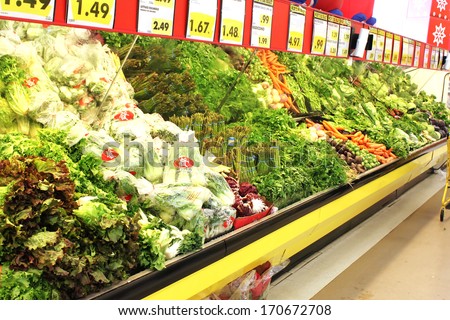 TORONTO - DECEMBER 18: Variety of green vegetables in a grocery store. Consumption of green vegetables has increased in recent years, as more people try to follow a healthy lifestyle.