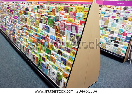 TORONTO, CANADA - NOVEMBER 30, 2013: Greeting cards on display in a store. Hallmark Cards and American Greetings are the largest producers of greeting cards in the world.