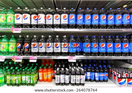 TORONTO, CANADA - JANUARY 16, 2015: Bottled soft drinks on shelves in a supermarket. In recent years, the consumption of sweetened beverages has been doubled in North America.