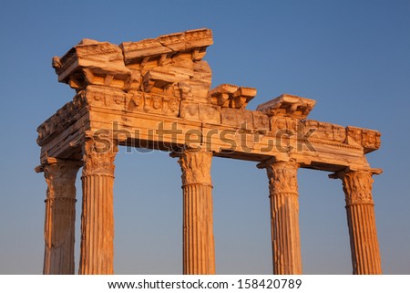 Ancient ruins of Roman Empire ( construction date about II century) at sunset.  Apollo Temple, Side, Turkey. Canon 5D Mk II.