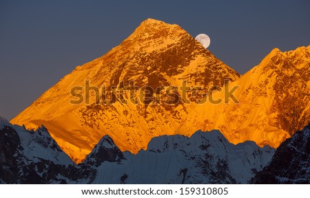 Golden Pyramid Of Mount Everest (8848 M) At Sunset. Ascending Moon. Canon 5d Mk Ii.