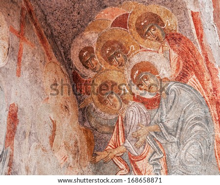 DEMRE, TURKEY - SEPTEMBER 24, 2013: ancient Byzantine fresco at the church of Saint Nicholas. Church of St. Nicholas is the third largest religious Byzantine architectural structure of the East.