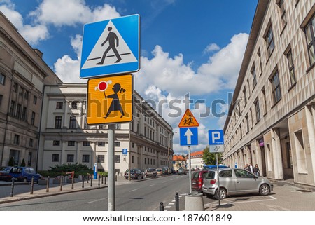 WARSAW, POLAND - MAY 15, 2009: funny road signs in downtown of Warsaw, Poland on May 15, 2009.
