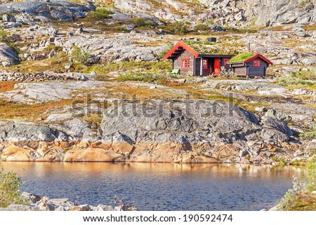 Fishermen\'s houses on the lake shore. Lofoten Islands, Norway. Canon 5D.
