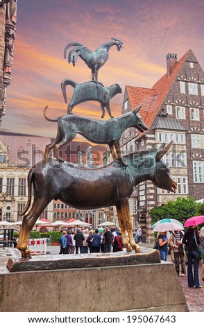 BREMEN, GERMANY - MAY 11, 2009: famous statue depicting the donkey, dog, cat and rooster from Grimm\'s famous fairy tale The Bremen Town Musicians in Bremen, Germany on May 11, 2009. Canon 5D.