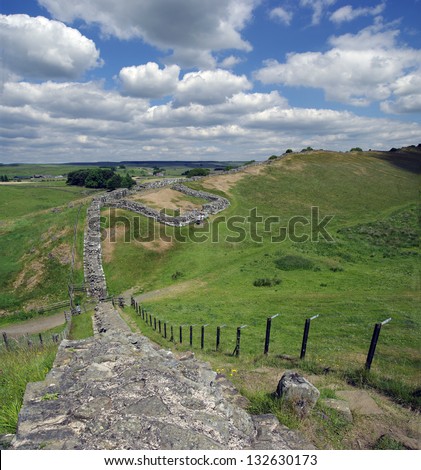 Hadrian\'s Wall, a Roman fortification wall in northern England near the border with Scotland.  Pennine Way and Cawfields, Roman Milecastle on Whin Sill.