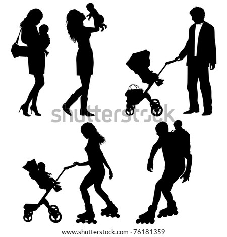 several people with children - vector silhouettes