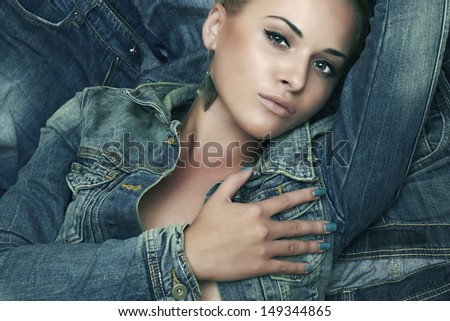 fashion beautiful girl. denim blue jeans wear. beauty woman