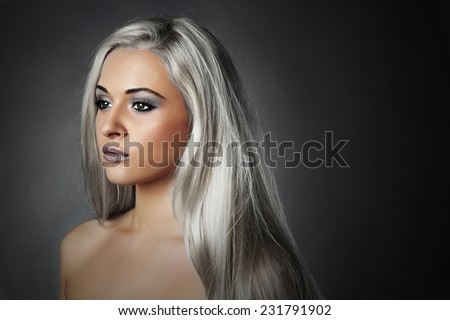 beautiful young woman with silver hair.Sad girl.healthy hair.Beauty salon