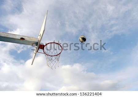 basket ball board under blue sky with white clouds and ball