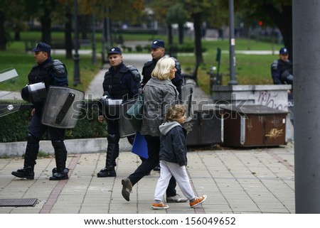BELGRADE - SEPTEMBER 28: Police forces are protecting citizens during 