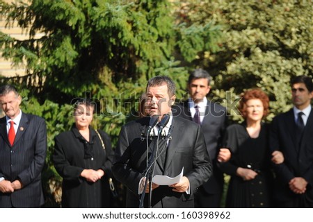 Belgrade, Serbia - October 26, 2013: Prime Minister Ivica Dacic is speaking at the funeral of Jovanka Broz. Jovanka Broz, Yugoslavia\'s former First Lady built by her husband Josip Broz Tito in the House of Flowers mausoleum.