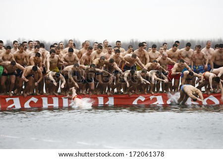 ZEMUN, SERBIA - JAN 19, 2014: Serbian swimmers jump in to river. The Serbian Orthodox Church, traditionally marks Epiphany with competitions to retrieve the Holy Cross from Danube river in Zemun.