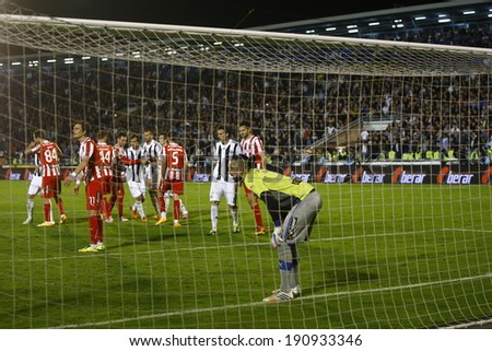 SERBIA, BELGRADE - APRIL 27, 2014: Goalkeeper Bajkovic awaiting free kick. Eternal rivals have met 146th times in Eternal soccer derby, FC Partizan and Red Star from Belgrade, was played on 27 April