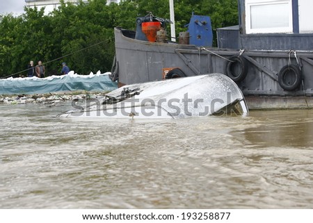 SERBIA, SREMSKA MITROVICA - MAY 17: Camping house sail on the river Sava. The water level of Sava River remains high in worst flooding on record across the Balkans on may 17, 2014