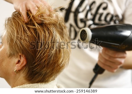 Hairdresser Drying the woman hair in salon