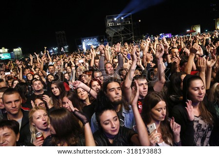 Belgrade, Serbia - August 20, 2015: The crowd at Traditional Beer Fest in Belgrade, next to good music to audience offered and beer, this year lasted 6 days.