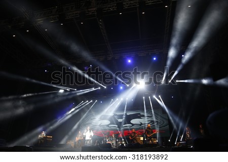 Belgrade, Serbia - August 20, 2015: The stage and lights at Traditional Beer Fest in Belgrade, next to good music to audience offered and beer, this year lasted 6 days.