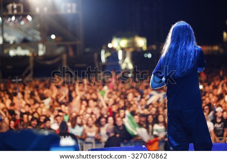 Belgrade, Serbia - August 22, 2015: The performer on stage at Traditional Beer Fest in Belgrade, next to good music to audience offered and beer, this year lasted 6 days.