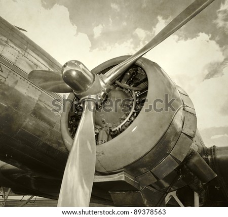 Engine and propeller closeup from retro airplane