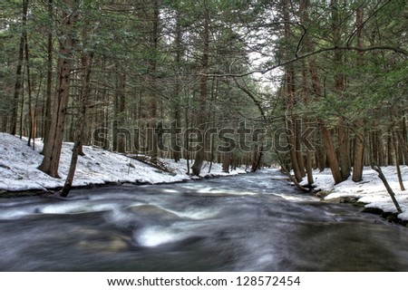 The Big Flatbrook flows through Stokes State Forest in Montague, New Jersey in winter.