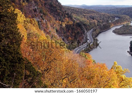 View of the Delaware River and interstate 80 from on top of Mount Tammany in New Jersey