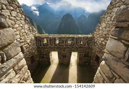 Detail of Inca wall in the ancient city of Machu Picchu, Peru