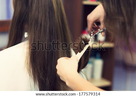 Close up of long hair cut by hairdresser