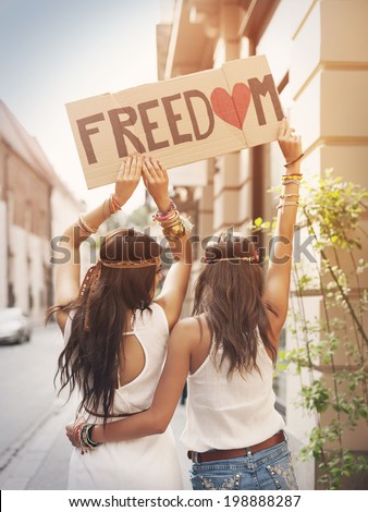 Boho girls with label with text Freedom Boho girls with label with text Freedom