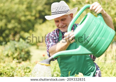 Happy man watering his plants in summer