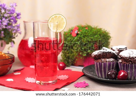 Chocolate muffins and chilled berry drink, close up