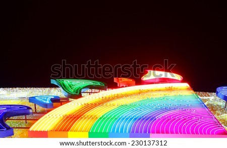 Colorful night rainbow facade illumination, close up