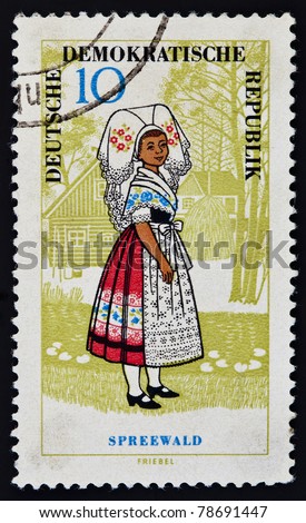 EAST GERMANY (DDR) - CIRCA 1966: a stamp printed in East Germany shows regional costume of Spreewald. East Germany, circa 1966