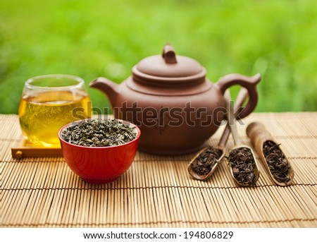 Chinese clay teapot with green tea