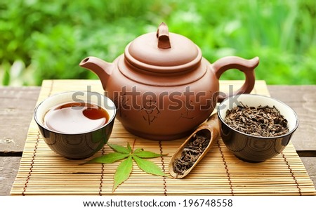 Chinese clay teapot with green and puer tea