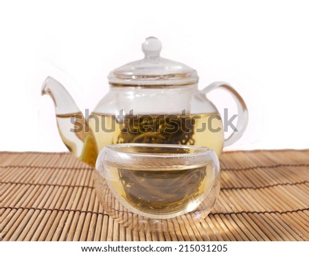 Teapot and glass cups with the chinese jasmine tea Mo Li Long Zhu(Jasmine Pearls) isolated on white background