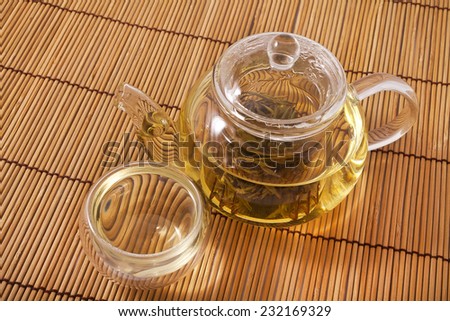 Teapot and glass cups with the chinese jasmine tea Mo Li Long Zhu(Jasmine Pearls)
