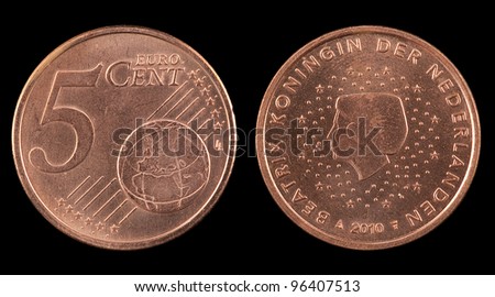 The five euro cent from Netherlands on the black background