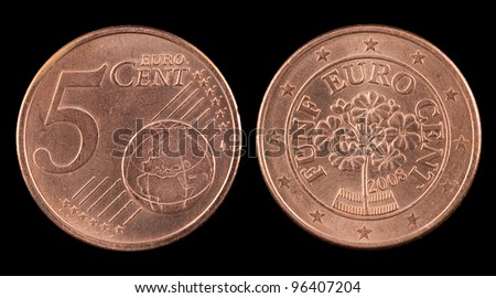 The five euro cent from Austria on the black background