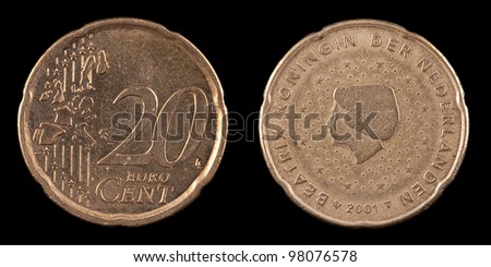 The twenty euro cent from netherland on the black background