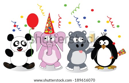 Party Animals Four stylized cartoon animals celebrating at a party. Animals include panda, pink elephant, hippo and penguin