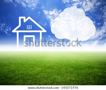 grass field and house with tree in future