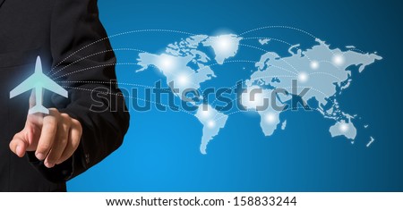 businessman touch plane connect to plan world map