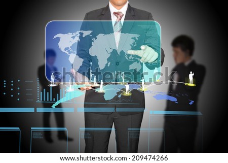 businessman hold digital world map with connection of business