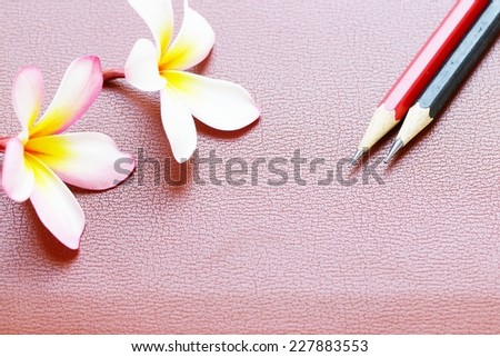 Pencils and frangipani flower on notebook cover