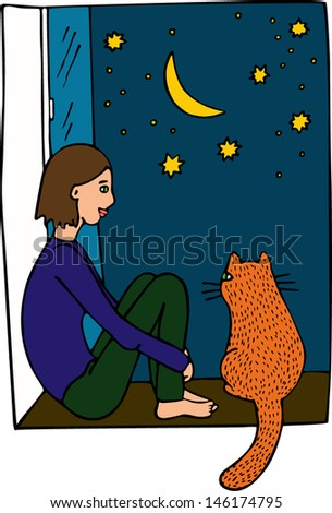 Woman with cat. Night in the city. Hand drawn illustration.