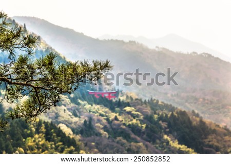 Japanese torii gate at background inside a forest at mountain hills/Japanese Mountain Scene