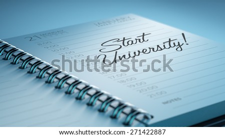 Closeup of a personal calendar setting an important date representing a time schedule. The words Start Studying written on a white notebook to remind you an important appointment.